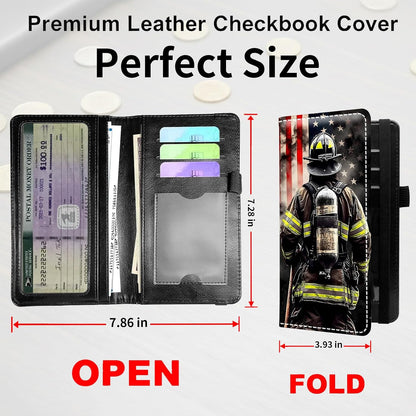 HOTPU Leather Checkbook Cover for Personal & Duplicate Checks, Slim RFID Blocking Checkbook Wallet with Card Slots, Elastic Strap Checkbook Holder Stylish Wallet for Men & Women, Flag Firefighter