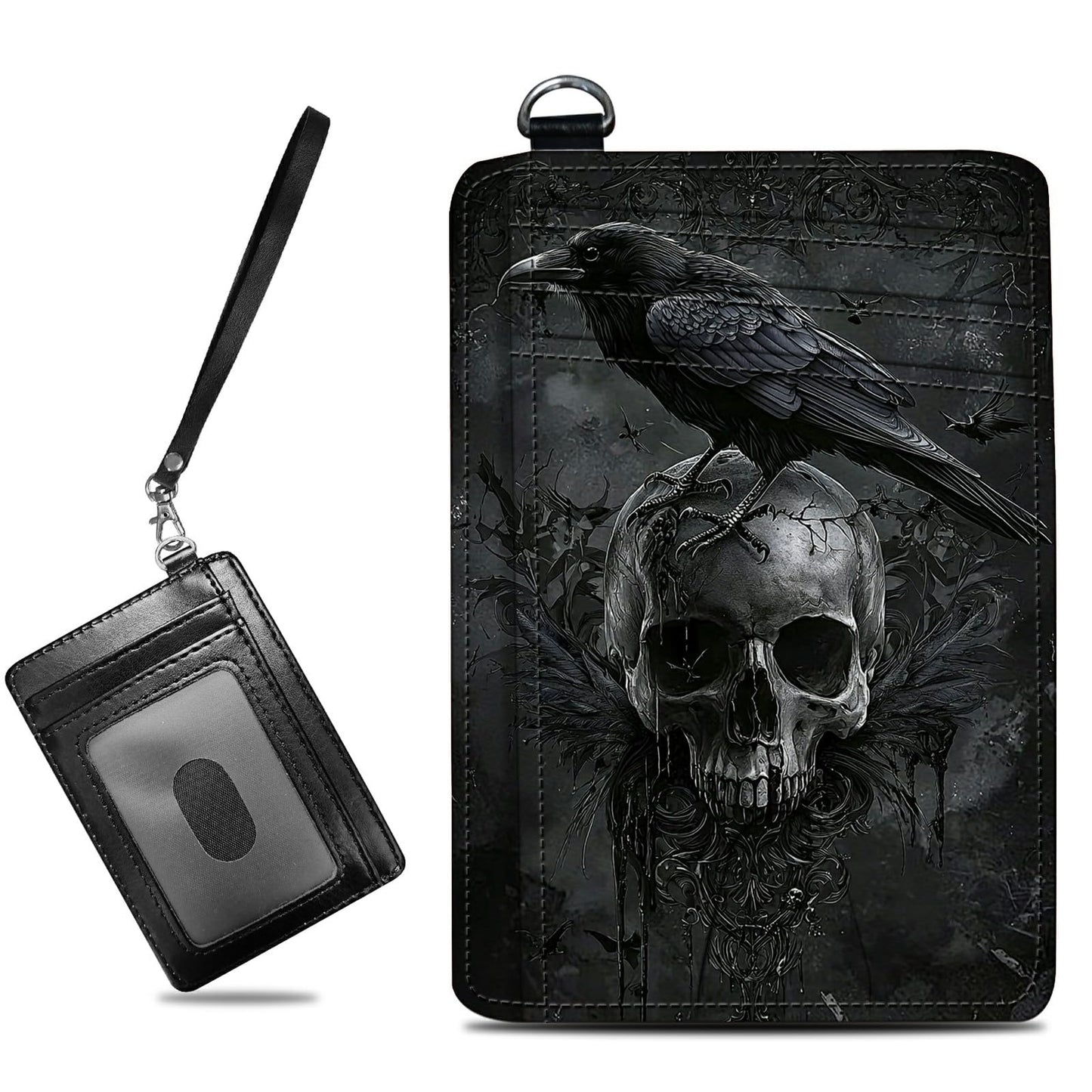 HOTCute Credit Card Holder with Zipper, Crow Skull RFID-Blocking Card Case Small Wallet for Women Men, Multi-slot Card Organizer Case Travel Accordion Wallet