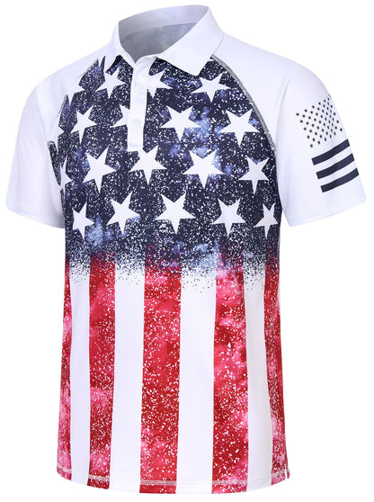 HOTRAISEVERN Mens American Flag Print Golf Polo Shirt Patriotic Raglan Sleeve Tees