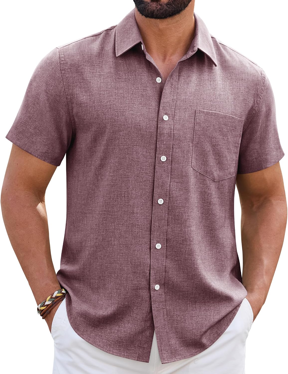 HOTMens Linen Shirt Short Sleeve Wrinkle Free Casual Untucked Button Down Shirts Beach Breathable Tops Summer