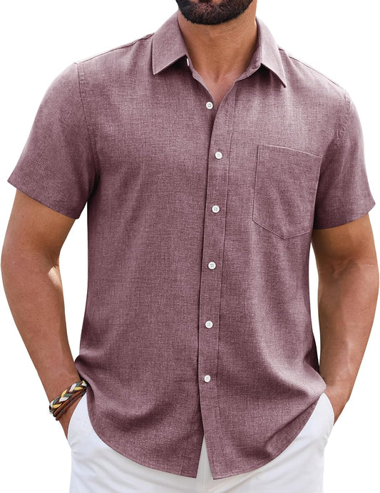 HOTMens Linen Shirt Short Sleeve Wrinkle Free Casual Untucked Button Down Shirts Beach Breathable Tops Summer