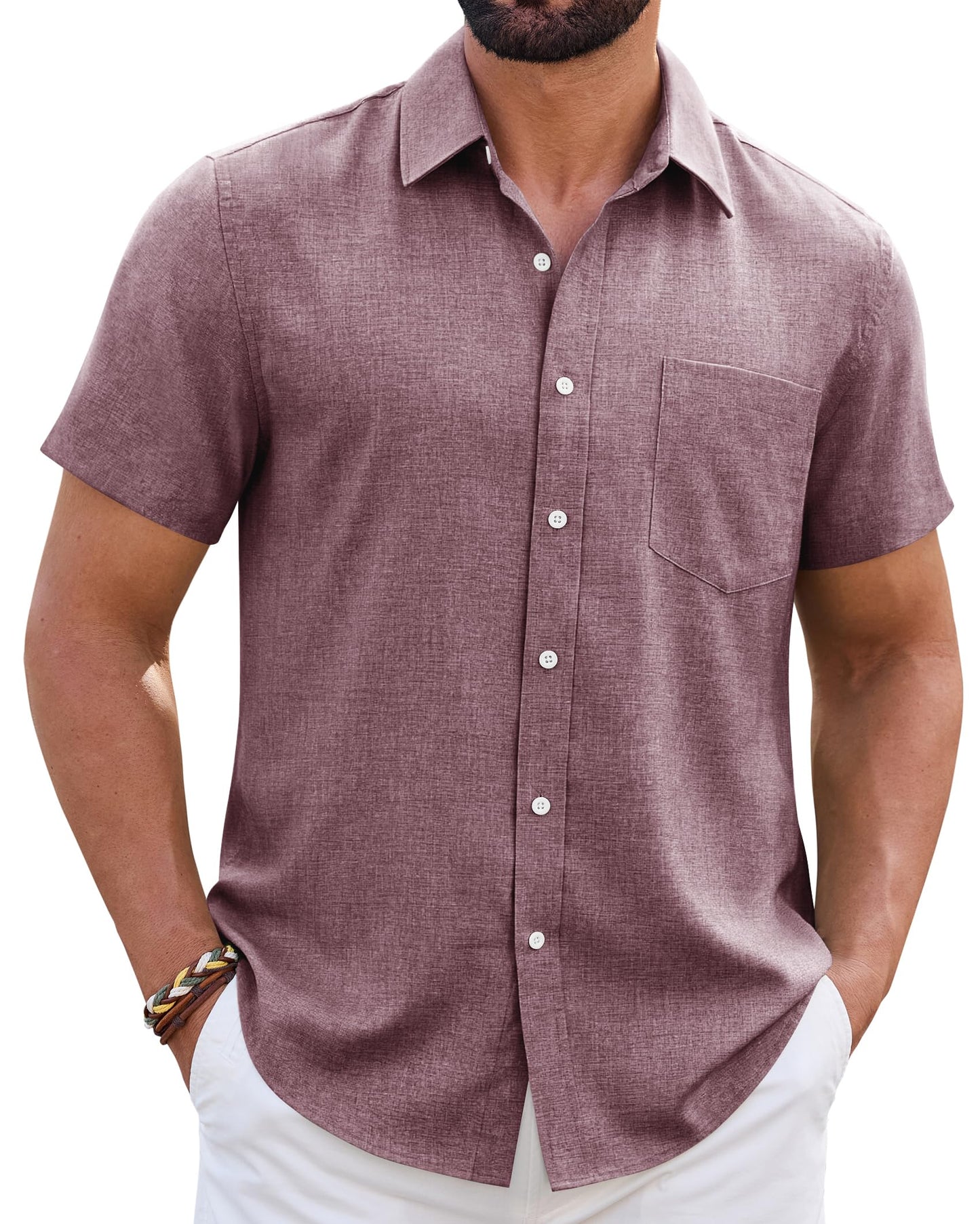 HOTMens Linen Shirt Short Sleeve Wrinkle Free Casual Untucked Button Down Shirts Beach Breathable Tops Summer