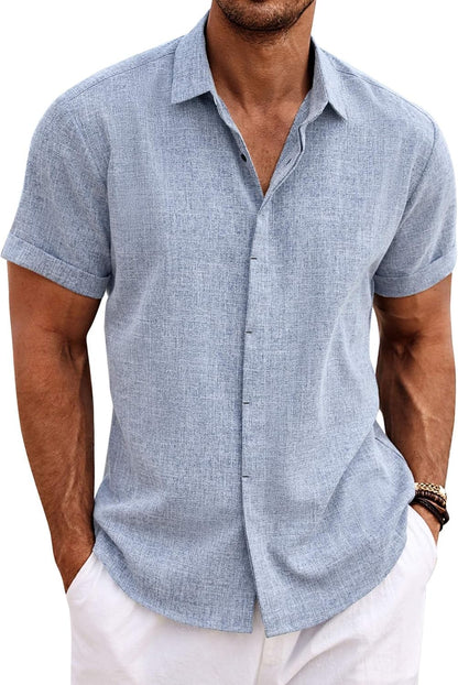 HOTCOOFANDY Men's Linen Shirts Short Sleeve Casual Shirts Button Down Shirt for Men Beach Summer Wedding Shirt