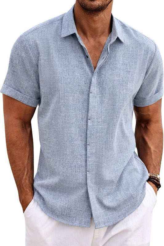 HOTCOOFANDY Men's Linen Shirts Short Sleeve Casual Shirts Button Down Shirt for Men Beach Summer Wedding Shirt