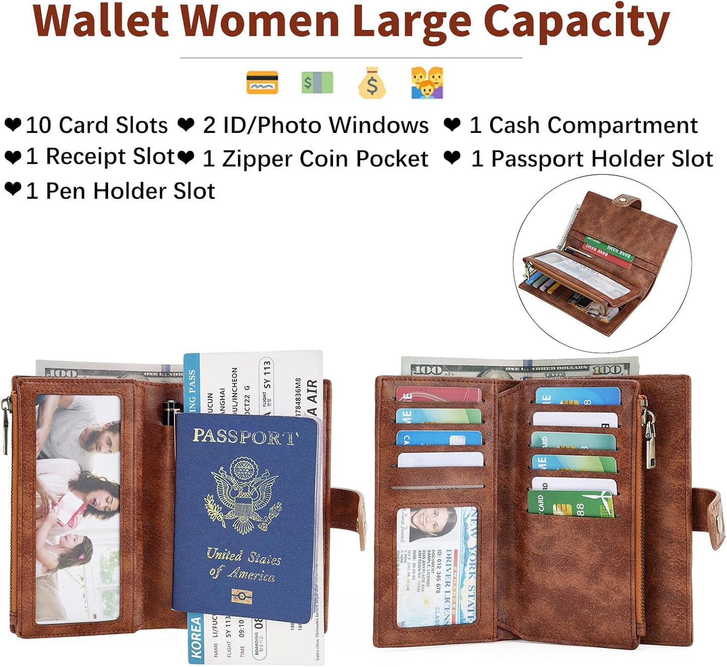 HOTGOIACII Women's Wallet RFID Blocking Leather Trifold Credit Card Holder | Pen Holder, Passport Compartment, Zipper Coin Pocket, Compact, Large Capacity Ladies Travel Wallet, Floral Embossed Brown