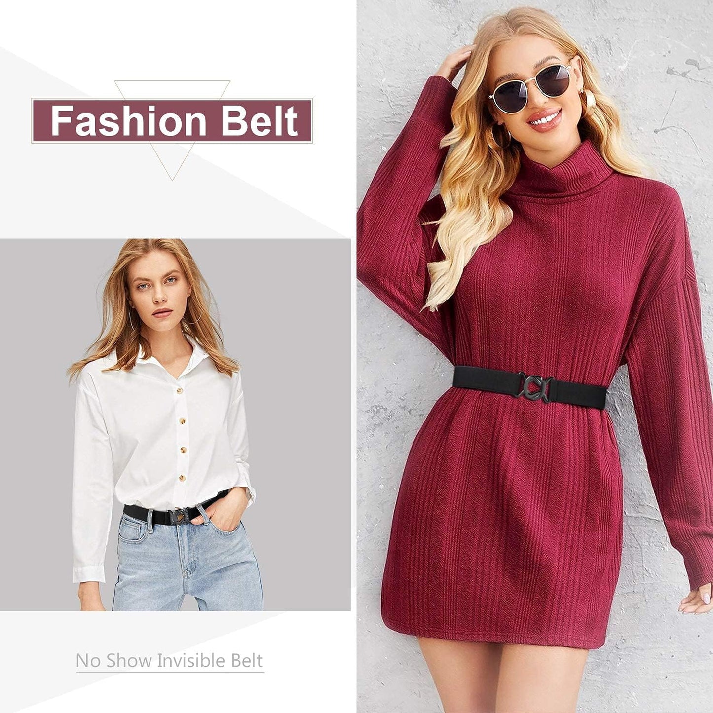 HOTJASGOOD Women No Show Stretch Belt Adjustable Elastic Web Belt with Flat Buckle for Jeans Pants Casual Belts