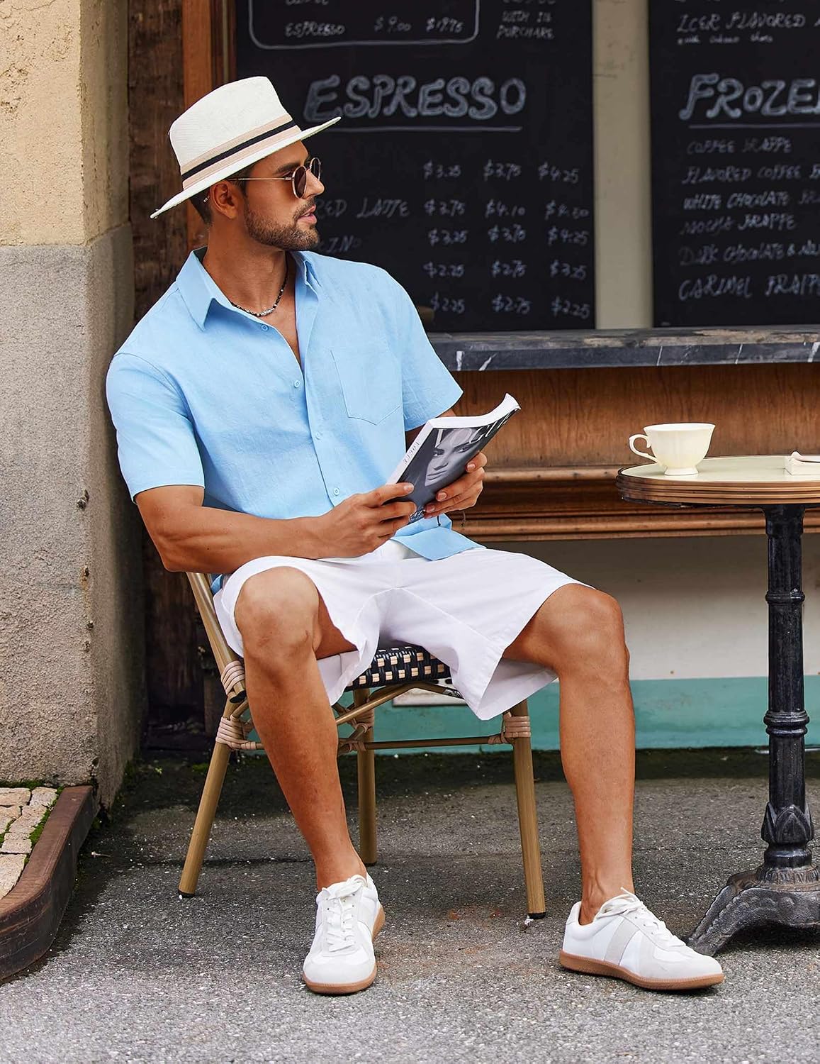 HOTCOOFANDY Men's Button Down Short Sleeve Shirt Casual Cotton Summer Beach Linen Wedding Shirts with Pocket