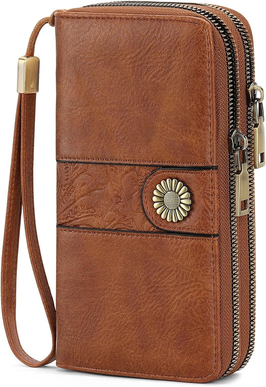 HOTSENDEFN Wallet for Women Leather Double Zipper RFID Blocking Card Holder, Large Capacity Clutch Wallet with Wristlet