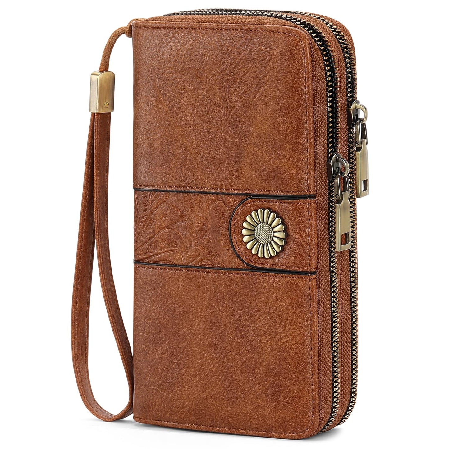HOTSENDEFN Wallet for Women Leather Double Zipper RFID Blocking Card Holder, Large Capacity Clutch Wallet with Wristlet