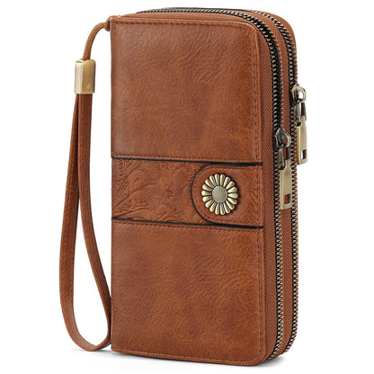 HOTSENDEFN Wallet for Women Leather Double Zipper RFID Blocking Card Holder, Large Capacity Clutch Wallet with Wristlet