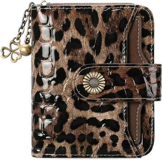 HOTWallet Women RFID Blocking Leather with Zipper Coin Pocket, Compact Small Wallet with Cash Section,8 Credit Card Holder,2 ID Window (Leopard)
