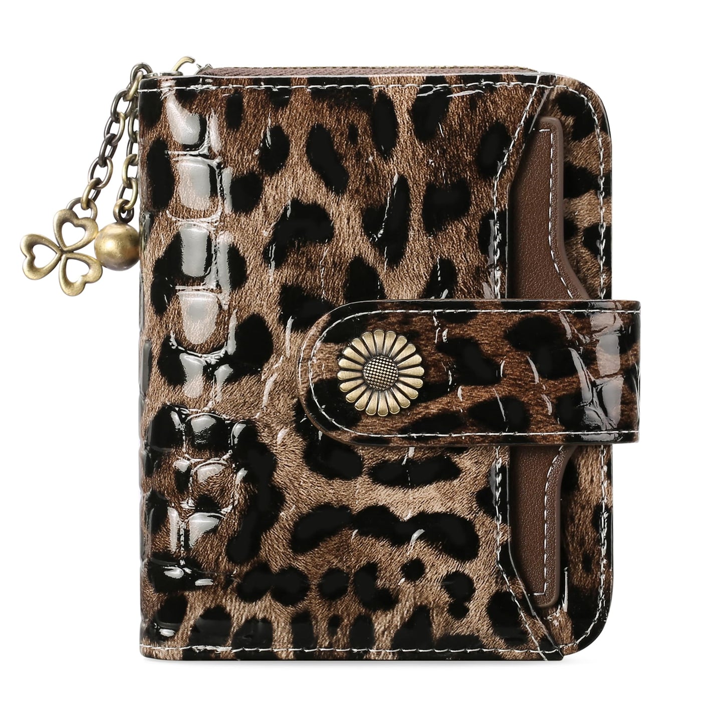 HOTWallet Women RFID Blocking Leather with Zipper Coin Pocket, Compact Small Wallet with Cash Section,8 Credit Card Holder,2 ID Window (Leopard)