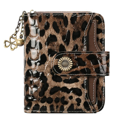 HOTWallet Women RFID Blocking Leather with Zipper Coin Pocket, Compact Small Wallet with Cash Section,8 Credit Card Holder,2 ID Window (Leopard)