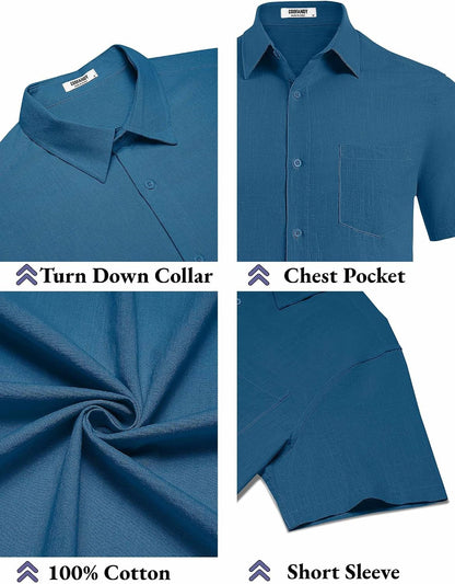 HOTCOOFANDY Men's Button Down Short Sleeve Shirt Casual Cotton Summer Beach Linen Wedding Shirts with Pocket