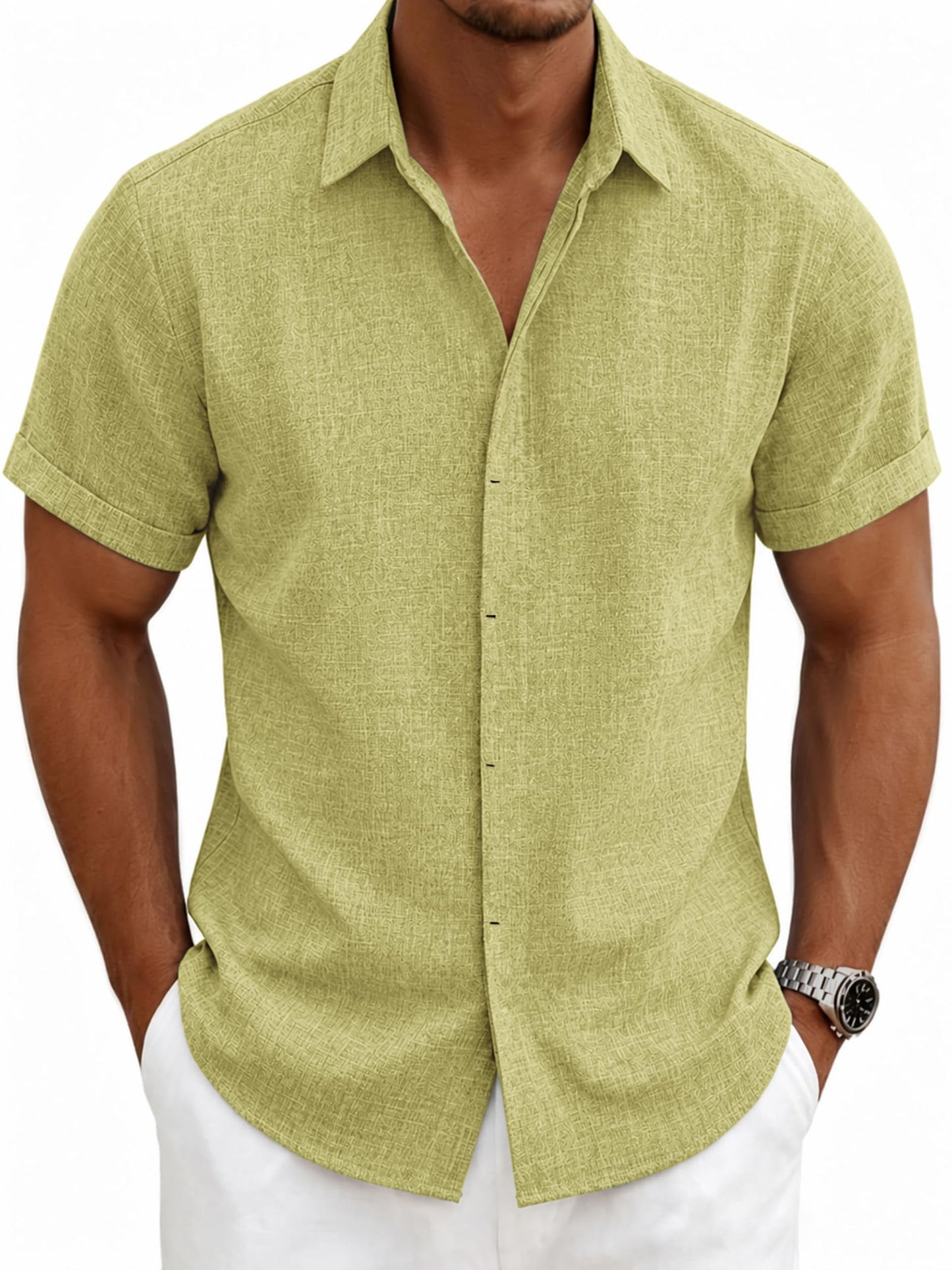 HOTMens Linen Shirts Short Sleeve Casual Shirt Button Down Summer Beach Vacation Tops Men Casual Dress Shirts Breathable