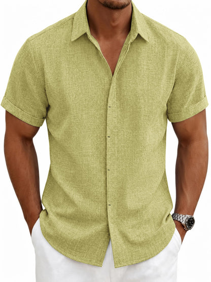 HOTMens Linen Shirts Short Sleeve Casual Shirt Button Down Summer Beach Vacation Tops Men Casual Dress Shirts Breathable