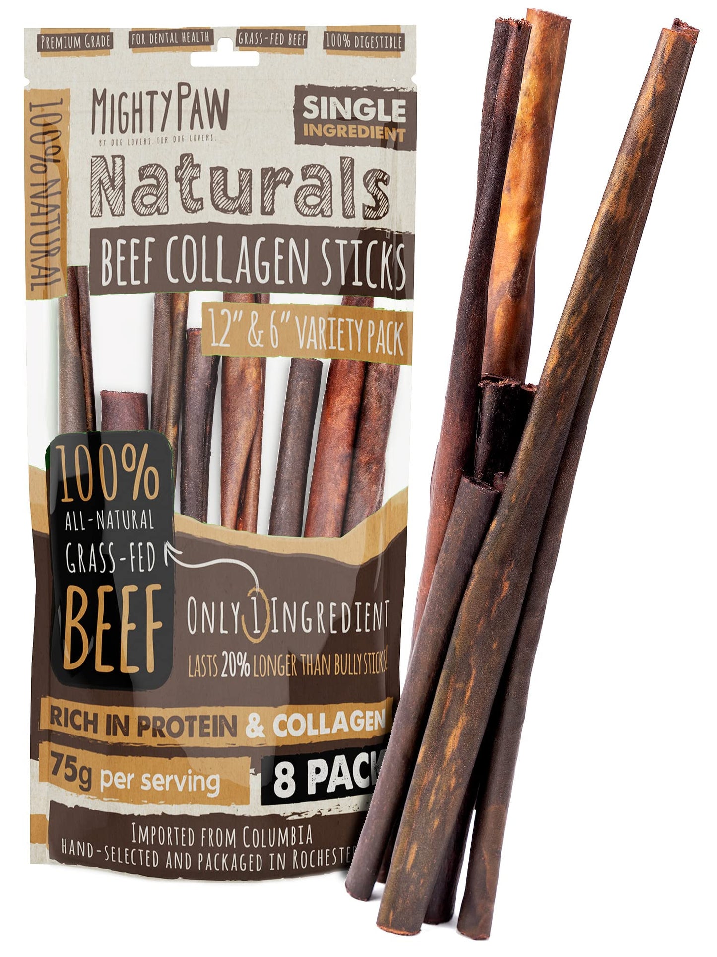 HOTMighty Paw Long Lasting 12" Bully Sticks for Dogs - All Natural Grass Fed Beef Chews. Lower Odor Dog Bully Sticks for Large Dogs, Medium and Small Breeds. Single Ingredient Treats