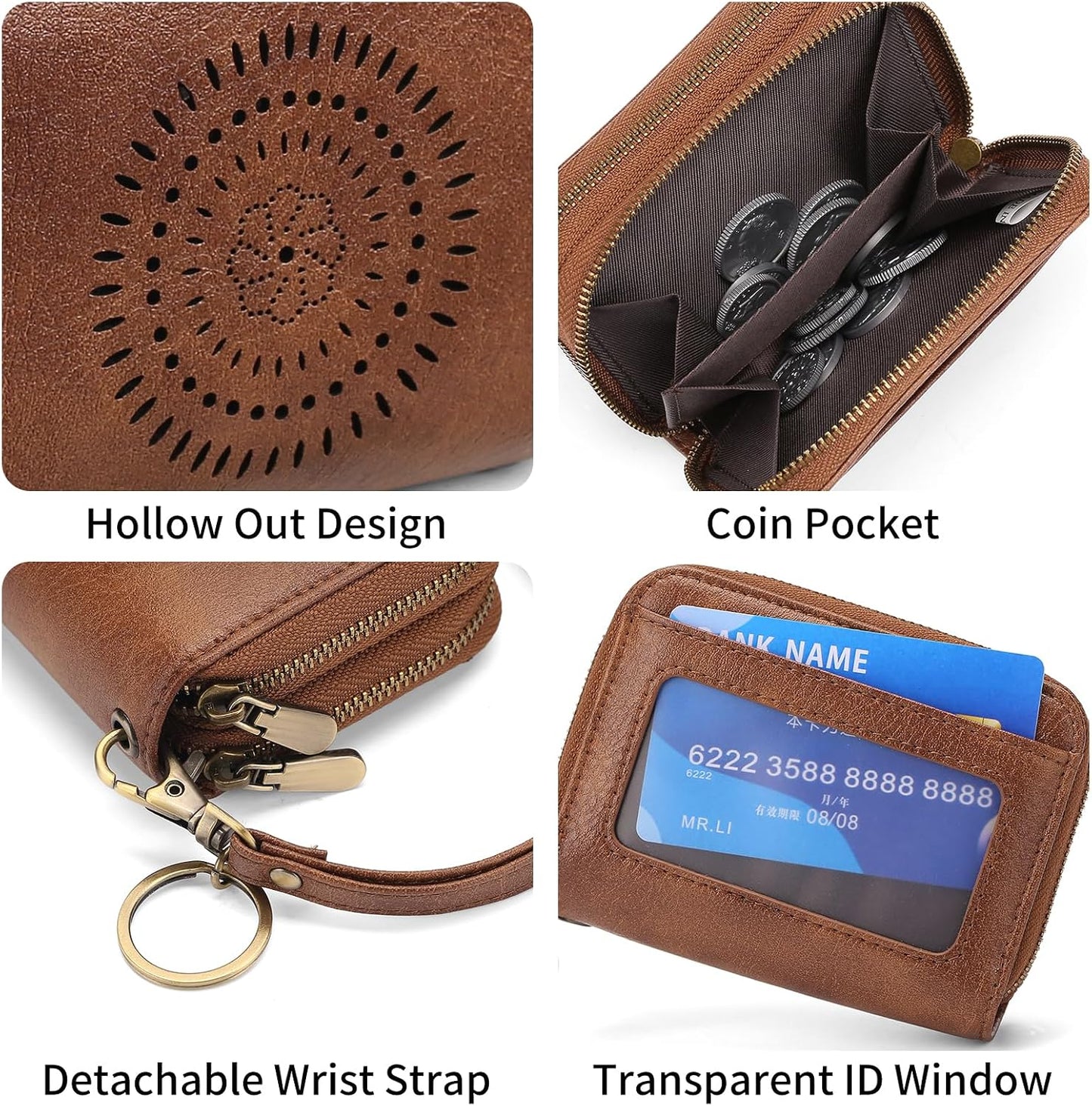 HOTSENDEFN Leather Credit Card Holder Small Wristlet Woman Wallets RFID Blocking Double Zipper with ID Window