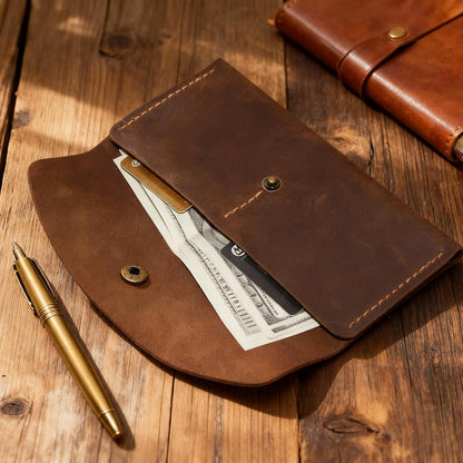 HOTHandmade Crazy Horse Genuine Leather Envelope Wallet, Card Holder with 2 Card Slots Vintage Slim Hand-Stitched Wallet