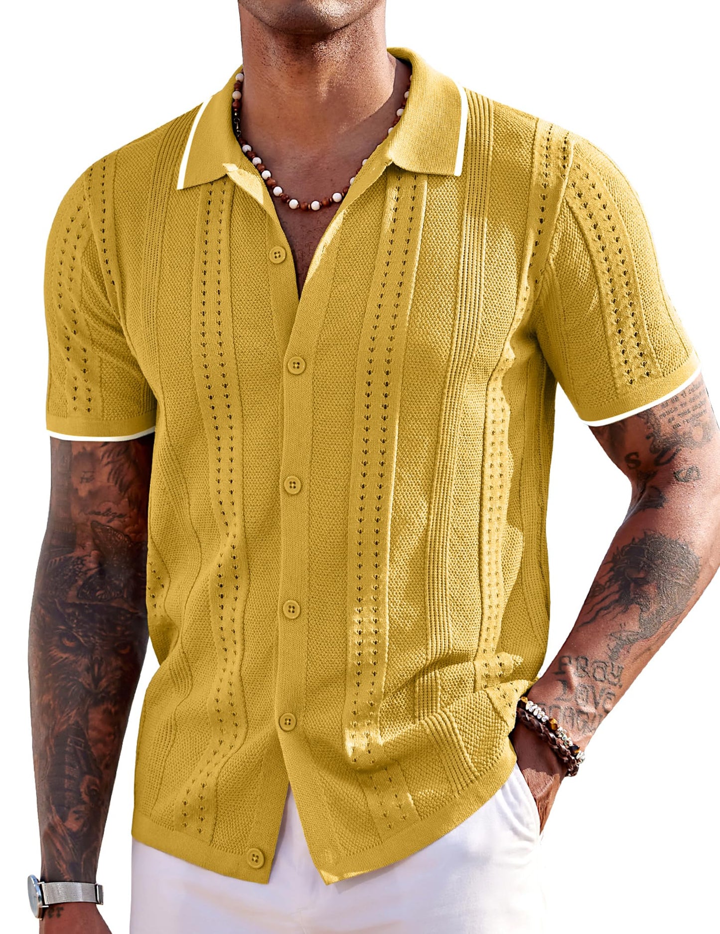 HOTCOOFANDY Men's Knit Shirts Short Sleeve Button Down Polo Shirt Fashion Casual Summer Beach Shirts