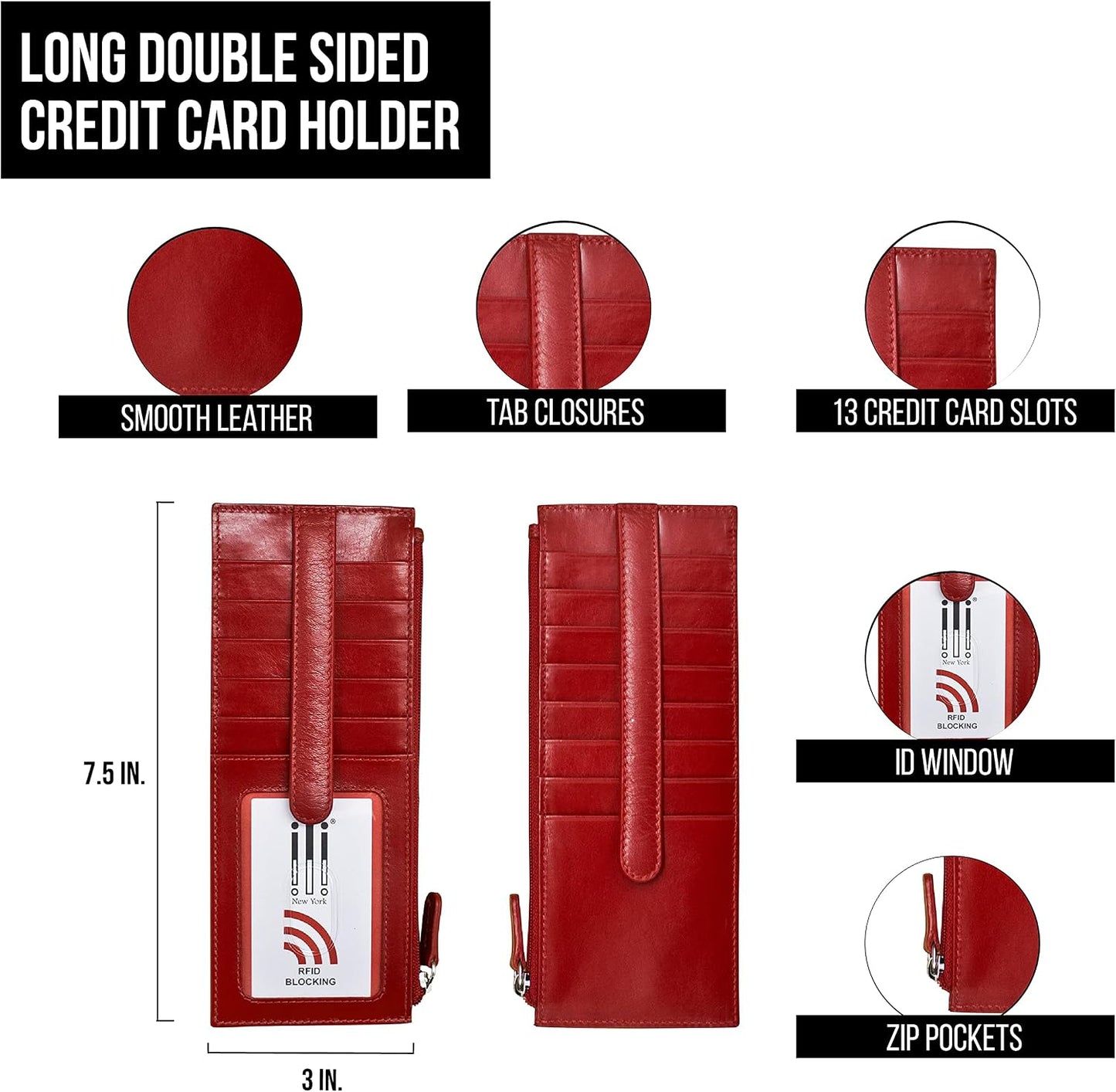 HOTili New York Long Double Sided Slim Wallet, RFID Blocking Card Holder with ID Window and Side Zip Pocket for Men and Women, Red