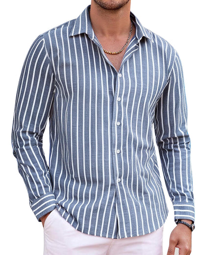 HOTAlex Vando Mens Linen Shirts Long Sleeve Button Down Striped Beach Shirt | Breathable Skin-Friendly Anti-Shrink Fabric, Classic Stripes For Casual Style, All-Day Comfort, Easy Care