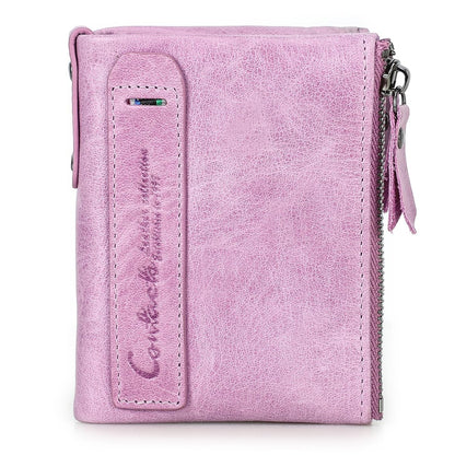 HOTCONTACTS Soft Leather Wallet for Women Small Bifold Coin Purse Double Zipper Card Holder with RFID Blocking (Rose Tan)