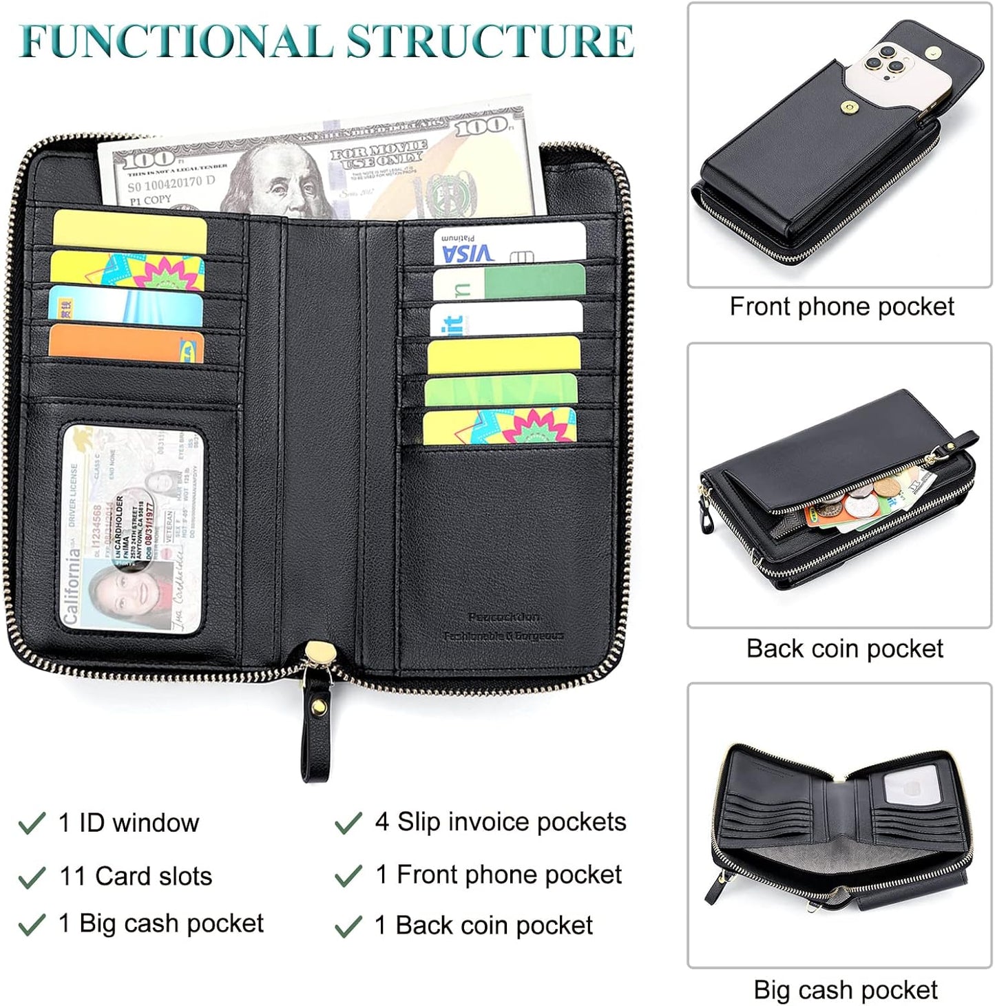 HOTPeacocktion RFID Crossbody Wallet Women Small Travel Leather Cell Phone Wallet Purse Zipper Crossbody Bag