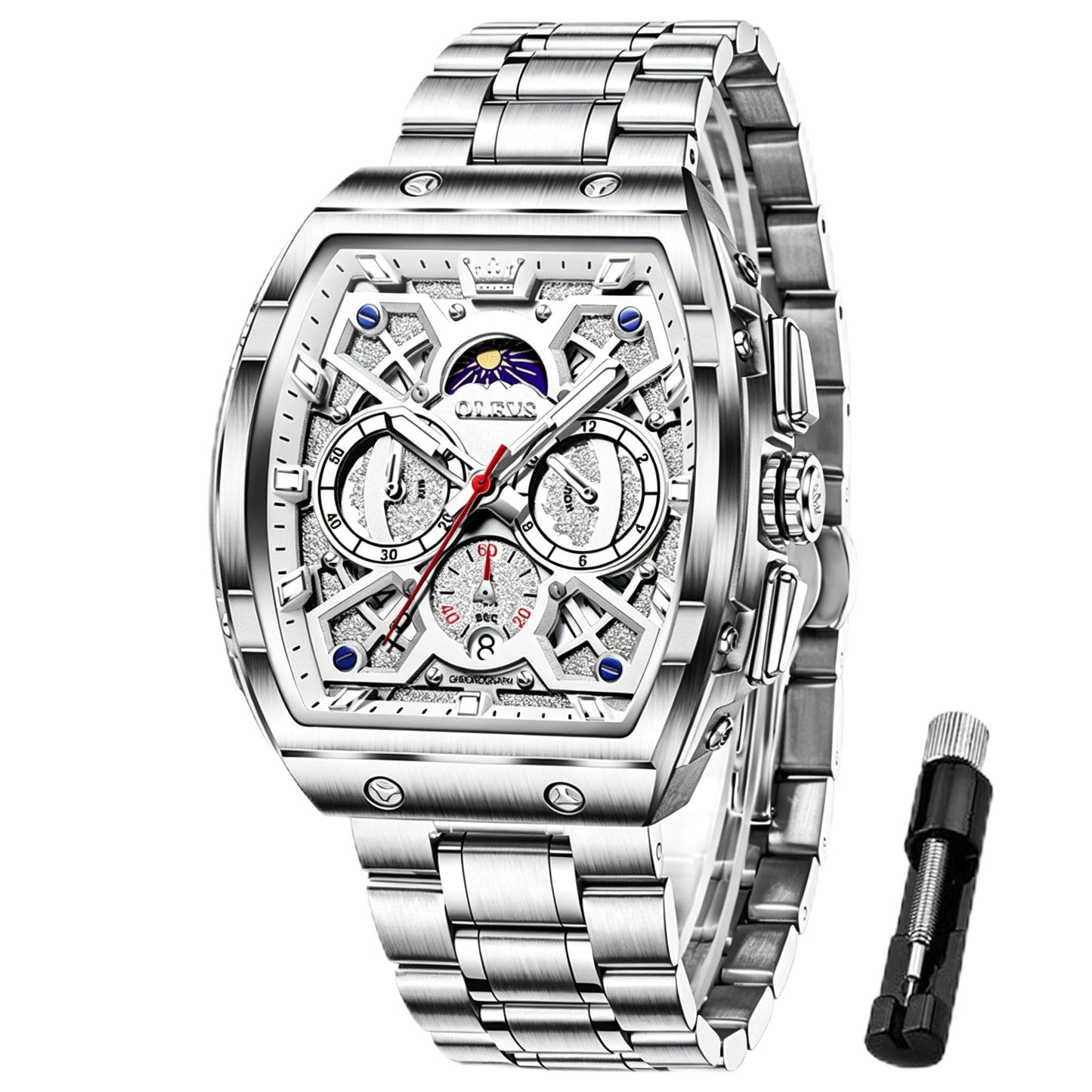 HOTOLEVS Watches for Men Analog Quartz Luxury Diamond Waterproof Chronograph Stainless Steel Big Face Square Date Moon Phase Roman Numeral Dress Mens Watches