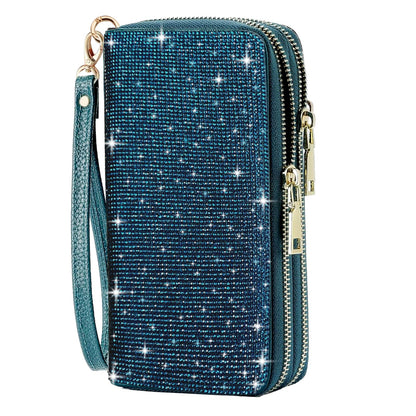 HOTWomen's Rhinestone Large Capacity Double Zipper Wristlet Clutch Purse Party Wallet Card Phone Holder