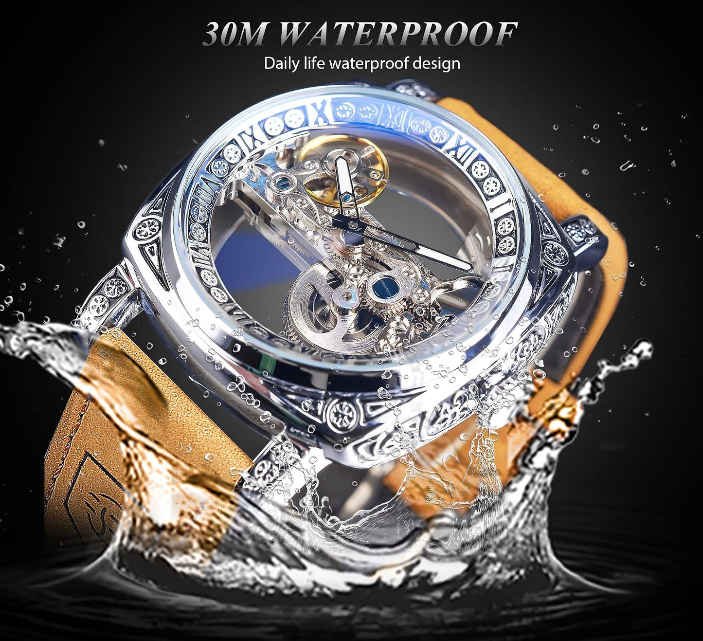 HOTFORSINING Men's Luxury Square Carving Mechanical Watch, Retro Totem Double Sided Hollow Skeleton Self-Wind Automatic Watches, Vintage Leather Strap Wristwatch Reloj para Hombre