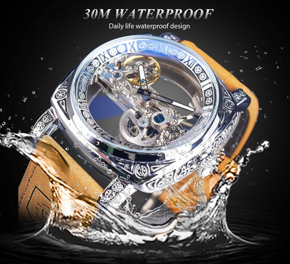 HOTFORSINING Men's Luxury Square Carving Mechanical Watch, Retro Totem Double Sided Hollow Skeleton Self-Wind Automatic Watches, Vintage Leather Strap Wristwatch Reloj para Hombre