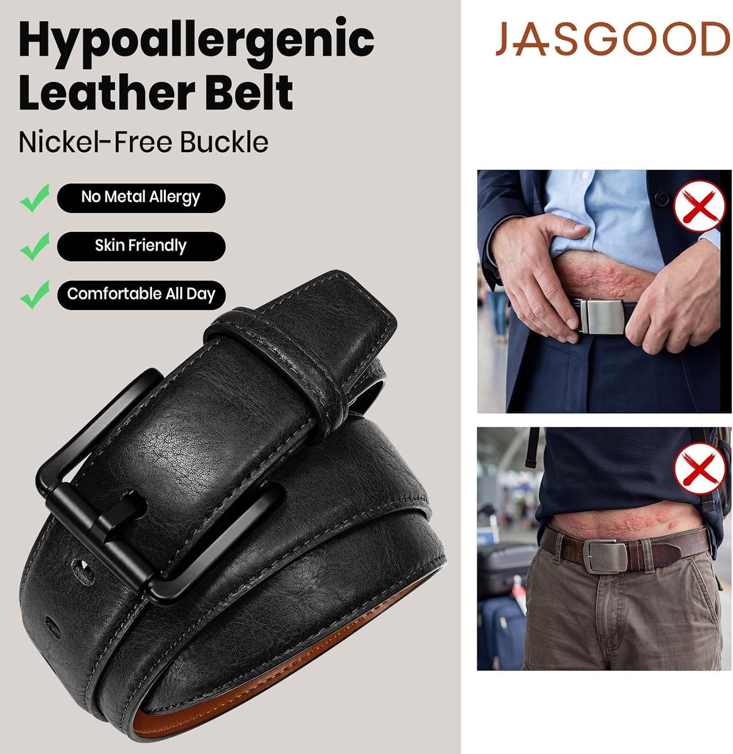 HOTJASGOOD TSA Approved Belt For Men Metal Free Hypoallergenic Vintage Leather Belt,Nickel Free Belt for Jeans with Black Buckle