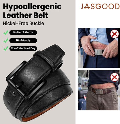 HOTJASGOOD TSA Approved Belt For Men Metal Free Hypoallergenic Vintage Leather Belt,Nickel Free Belt for Jeans with Black Buckle