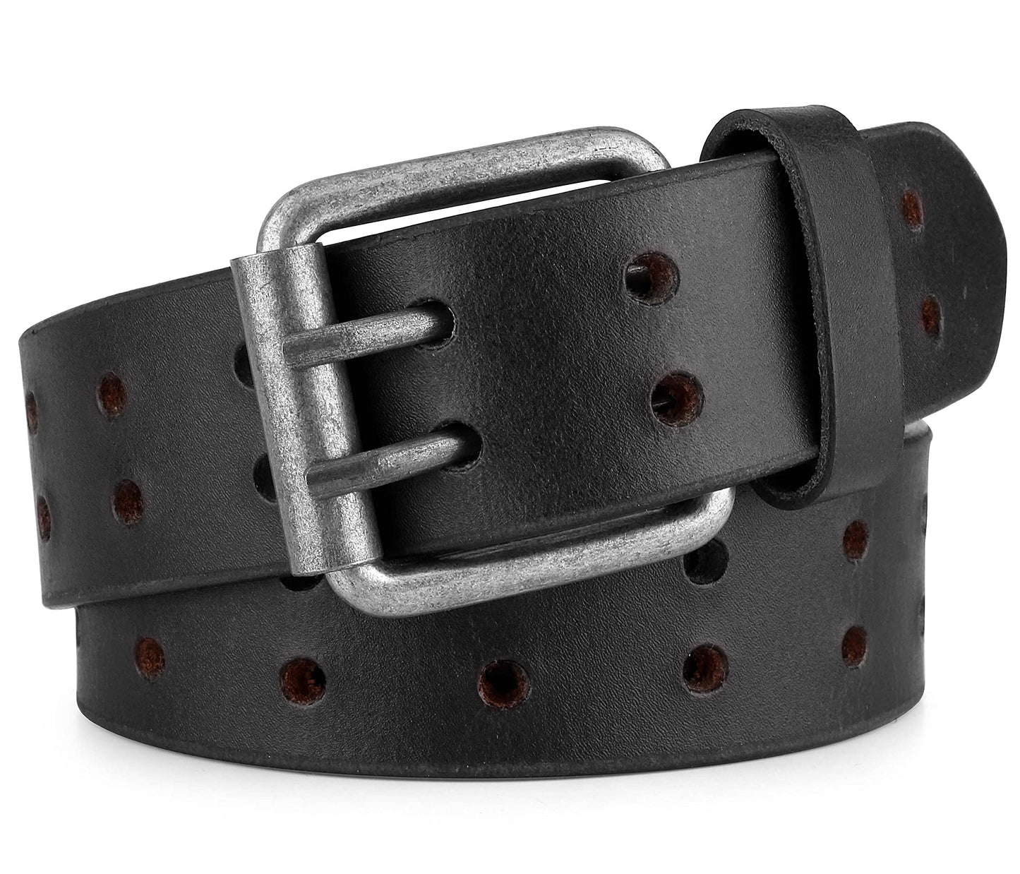 HOTF&L CLASSIC Leather Work Belt, Heavy Duty Double Prong full grain Leather Belts for Men 1 1/2", Mens Casual Belts for Jeans