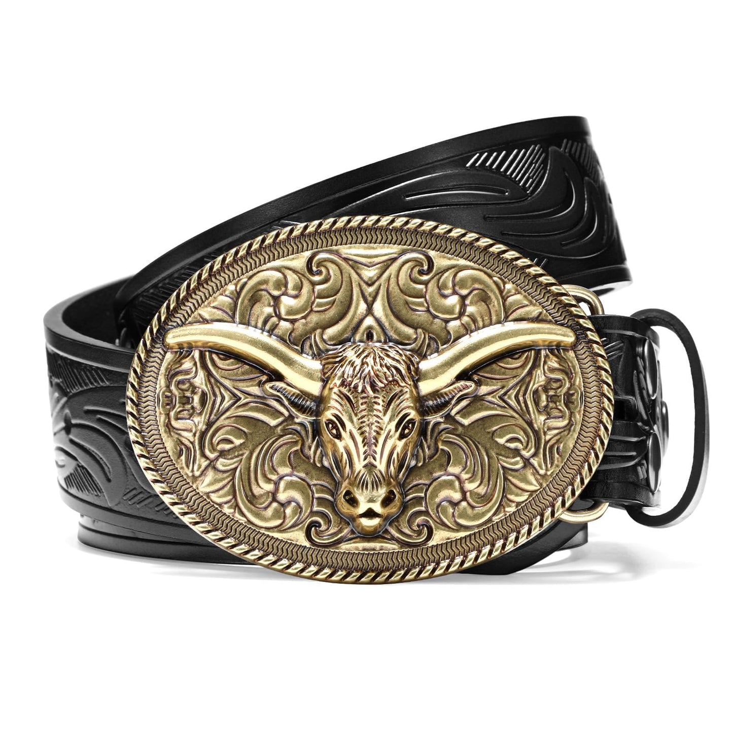 HOTSANSTHS Western Cowboy Belts for Men Women, Mens Western Belt Bull Buckle Country Belt Cowboy Leather Belt for Jeans