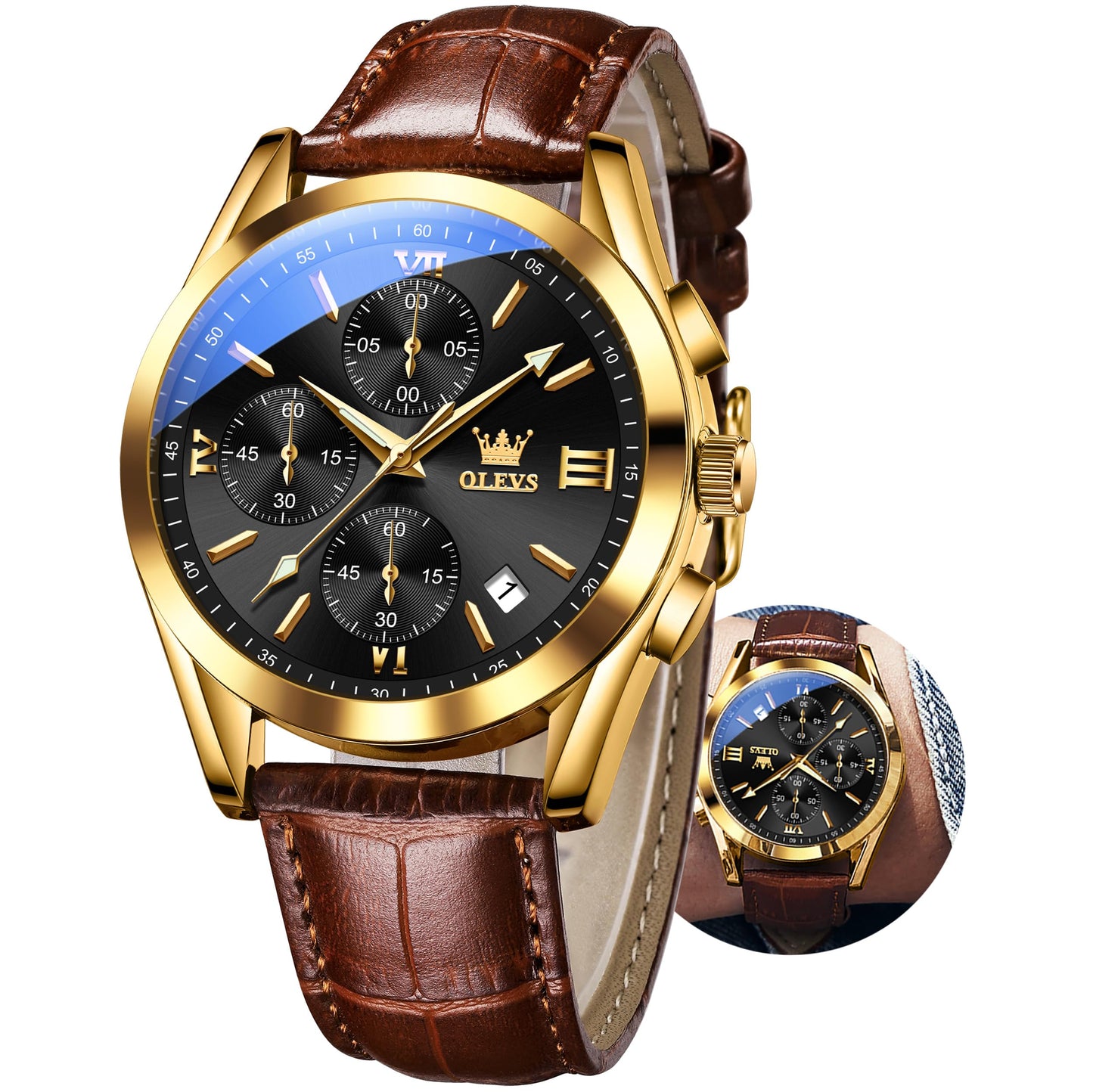 HOTOLEVS Men's Watches Brown Leather with Date,Casual Watches for Men,Large Face Watches Men,Chronograph Mens Watch,Sport Waterproof Business Dress Analog Quartz Men's Wrist Watches Reloj De Hombre