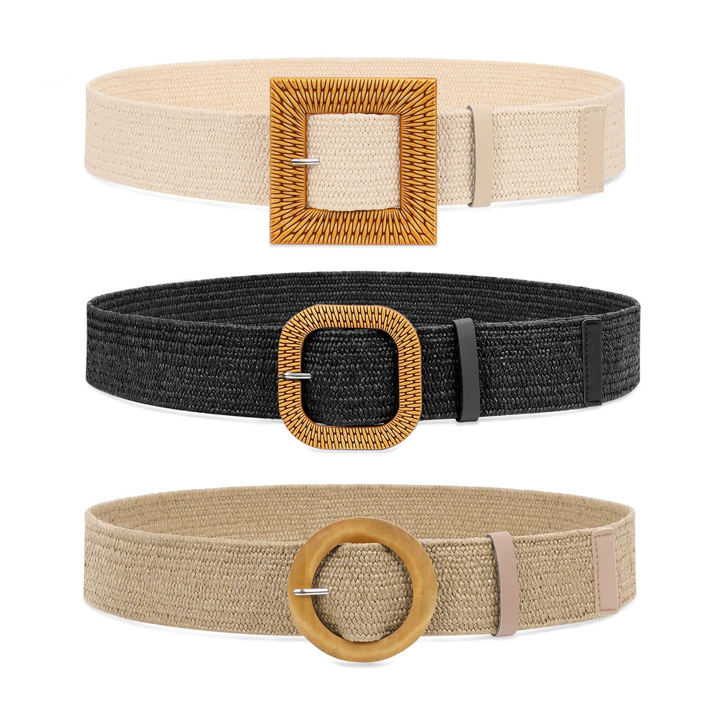HOTWHIPPY Set of 3/4 Straw Woven Elastic Stretch Waist Belts for Women, Fashion Boho Ladies Braided Skinny Dress Belt