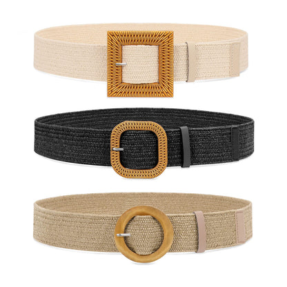 HOTWHIPPY Set of 3/4 Straw Woven Elastic Stretch Waist Belts for Women, Fashion Boho Ladies Braided Skinny Dress Belt
