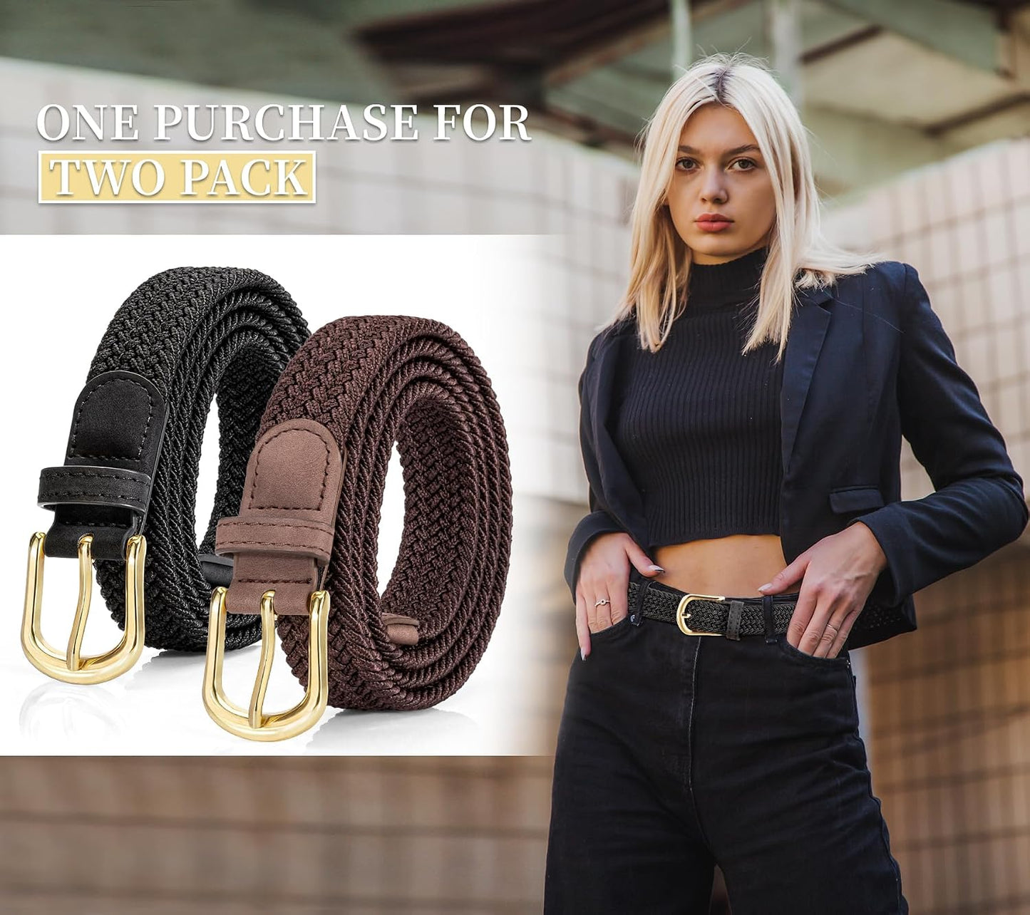 HOT2 Pack Braided Belt for Women, Elastic Woven Stretch Fabric Cloth Belt with Gold Buckle