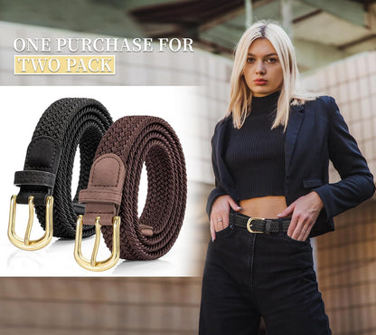 HOT2 Pack Braided Belt for Women, Elastic Woven Stretch Fabric Cloth Belt with Gold Buckle