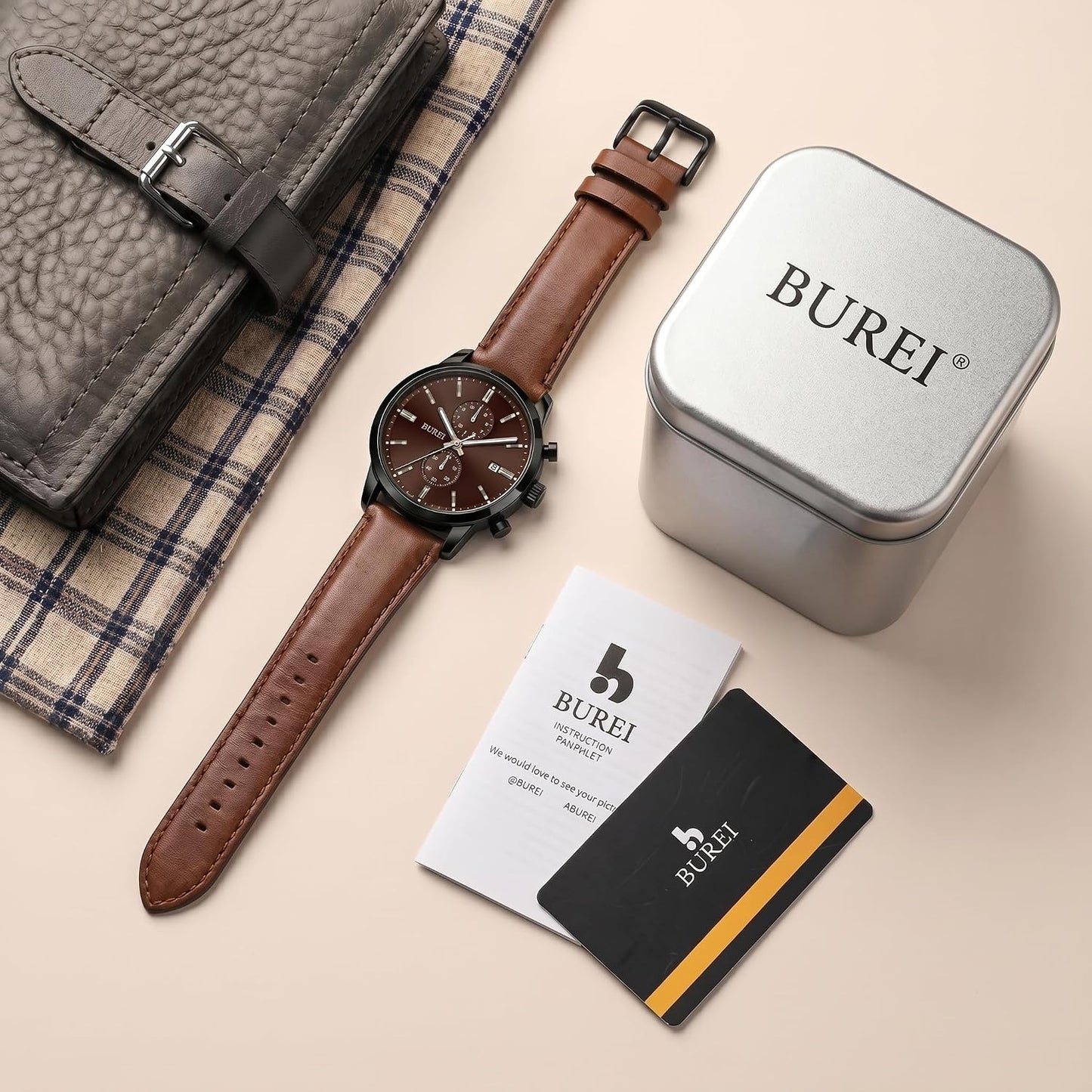 HOTBUREI Men's Leather Watches Chronograph Quartz Watches for Men Classic Cool Lightweight Wristwatch,Gift for Dad Husband Boyfriend