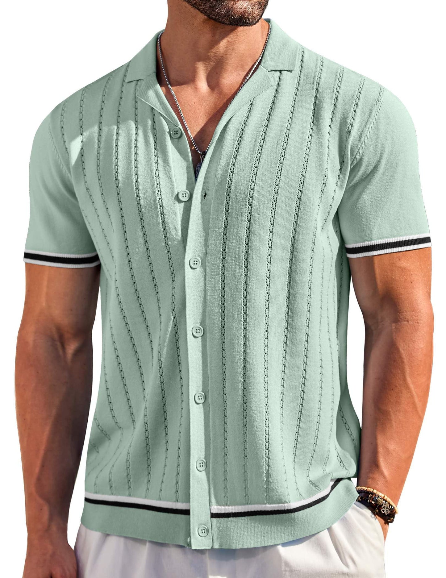 HOTCOOFANDY Men's Short Sleeve Knit Shirt Casual Button Down Shirt Vintage Striped Knitted Golf Beach Tops