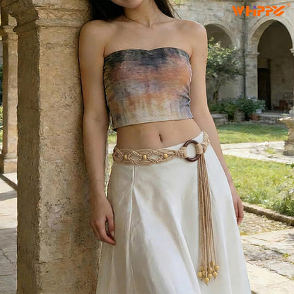 HOTWHIPPY Boho Braided Belt for Women Western Belt With Hand-Woven Wax Rope Country Tassel Belts for Dress, 2" Wide