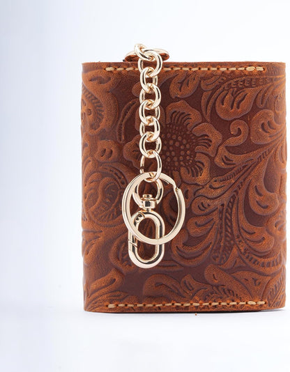HOTHandmade Keychain Wristlet Wallets for Women, Western Floral Leather Small Credit Card Holder with Zipper, Minimalist & Cute Coin Pouch, Genuine Leather (Camel)