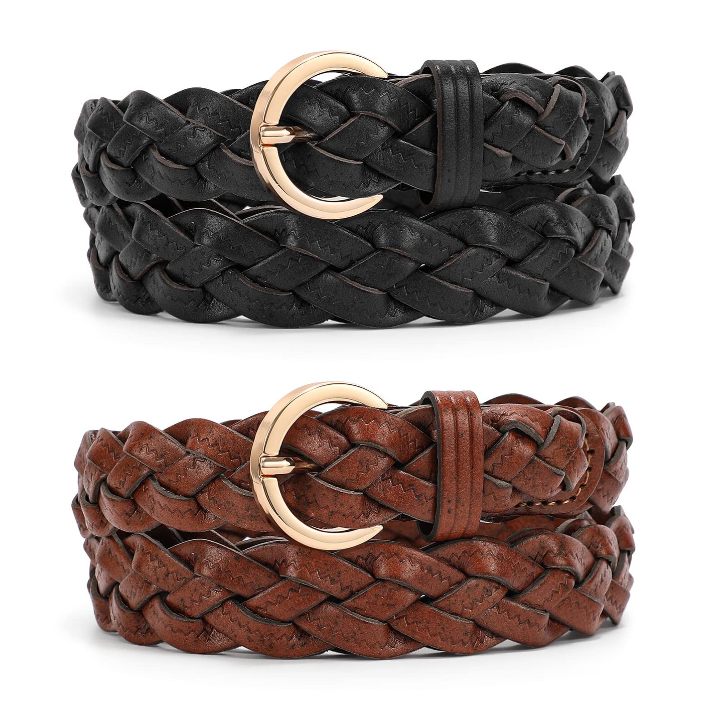 HOTXZQTIVE 2 Pieces Women's Braided Leather Belts Casual 0.9" Skinny Woven Belt for Jean Pant