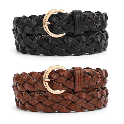 HOTXZQTIVE 2 Pieces Women's Braided Leather Belts Casual 0.9" Skinny Woven Belt for Jean Pant