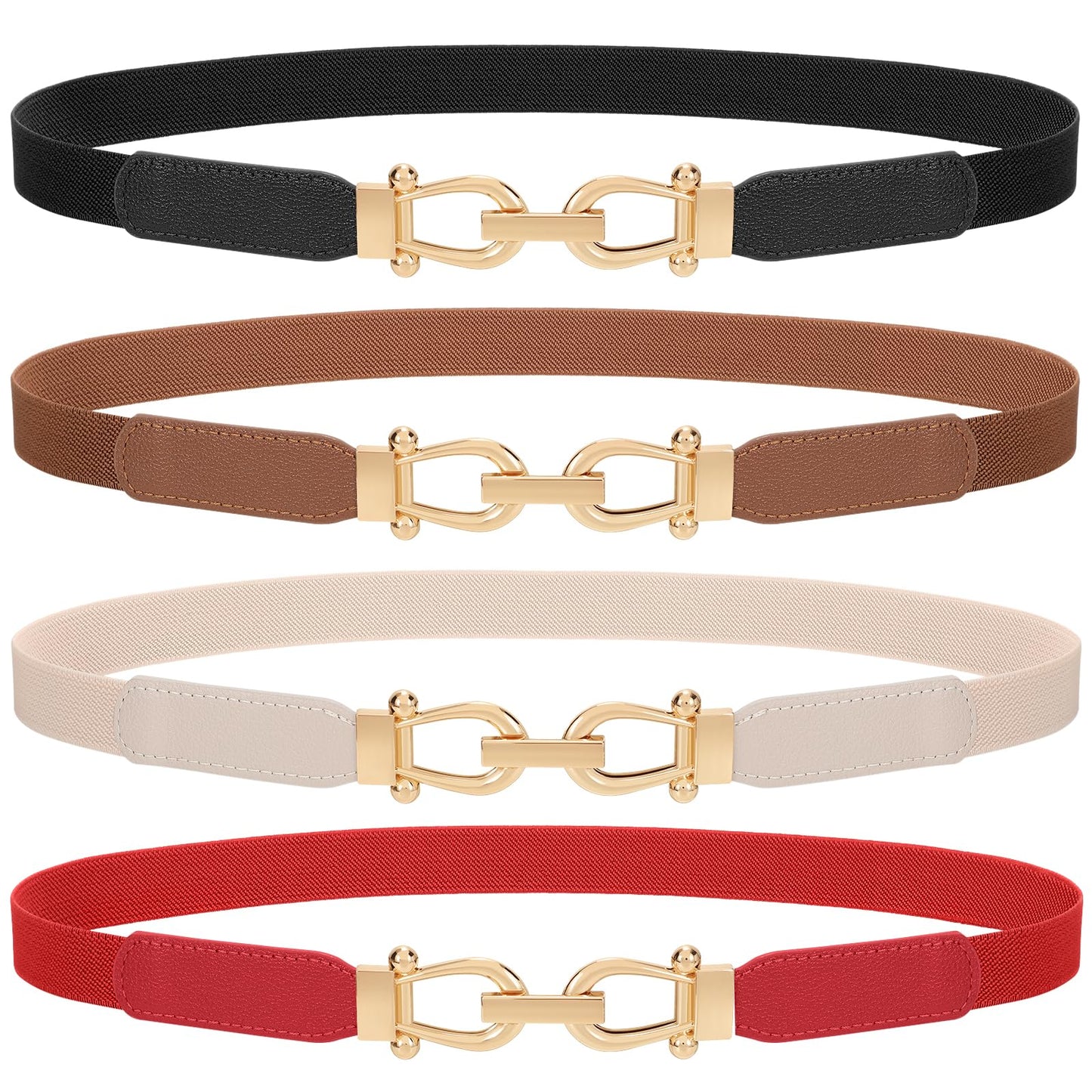 HOTTRIWORKS 4 Pack Women Skinny Elastic Belts Gold Buckle Thin Stretchy Waist Belts for Dresses