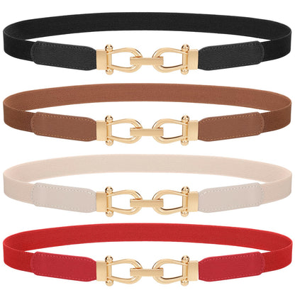 HOTTRIWORKS 4 Pack Women Skinny Elastic Belts Gold Buckle Thin Stretchy Waist Belts for Dresses