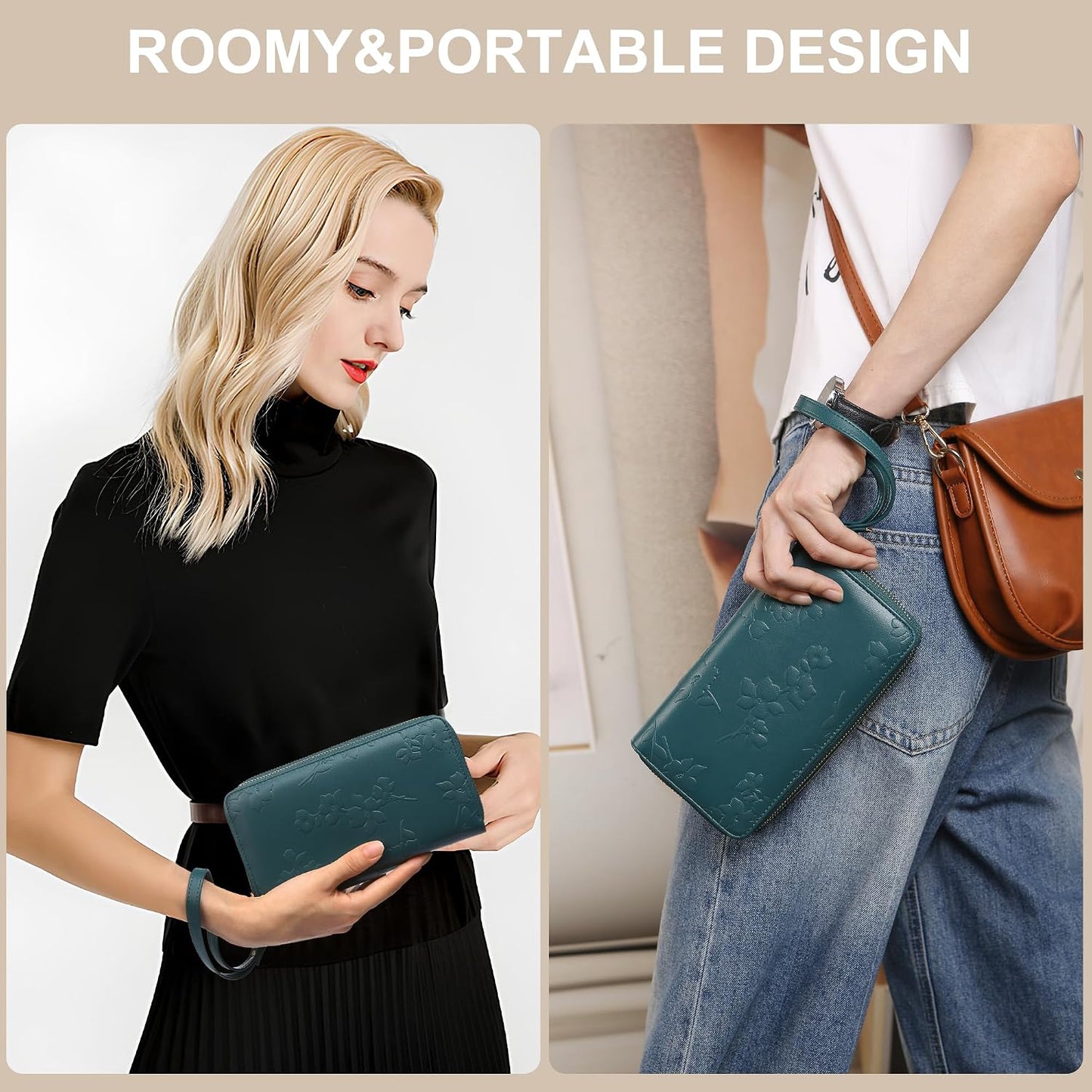 HOTyiijay Womens Wallet RFID Blocking Large Capacity Vegan Leather Double Zip Wristlet Wallet Card Holder Travel Ladies Clutch
